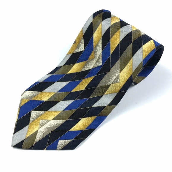 Elegant Striped Zig Zag Abstract Black Blue Yellow Gray 100% Silk Necktie ITALY - Picture 5 of 10